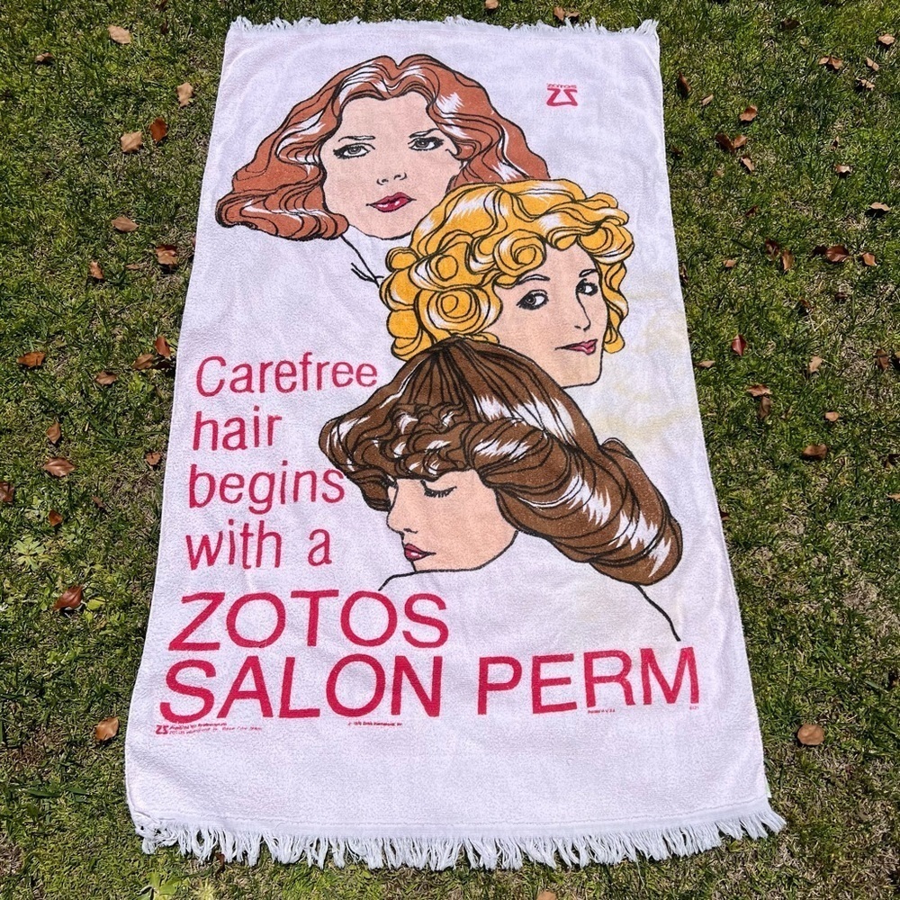 VTG 70s Cannon Advertising Beach Towel Zotos Salon Perm Pink Fringe 42x58 READ